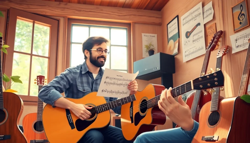 Engaging guitar lesson with https://guitarlessons.co.uk instructor and student in a cozy studio setting.