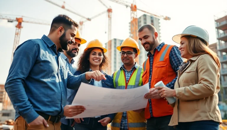 Engaging construction workforce development professionals discussing plans on a vibrant job site.