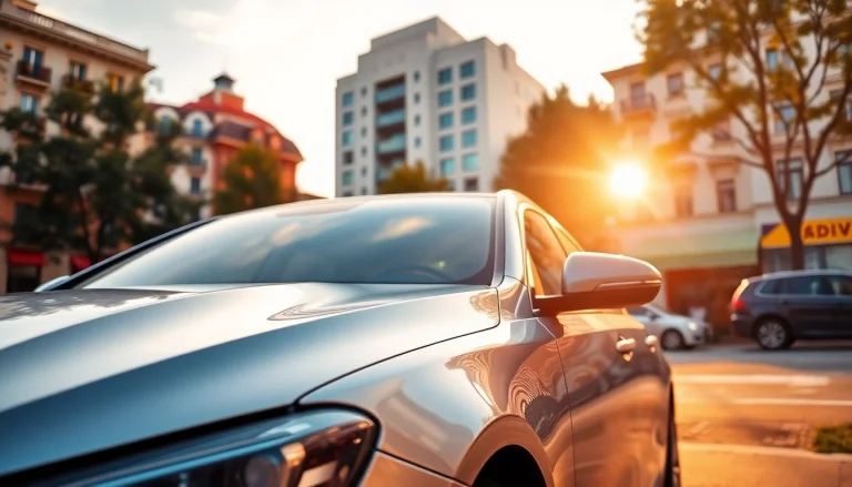 Rent a car in Chisinau with a scenic city view showcasing stylish vehicles.