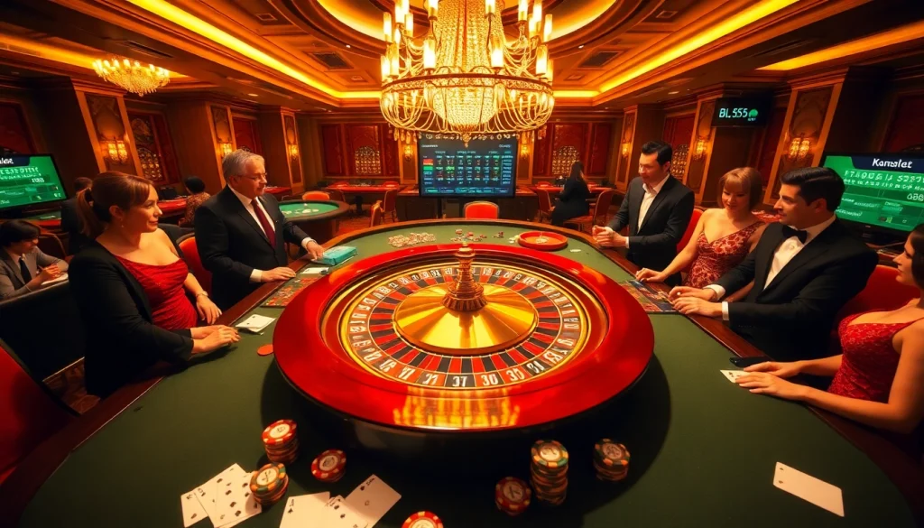 The excitement at https://bl555.direct/ features a luxurious casino setting with a roulette table and stylish gamblers.
