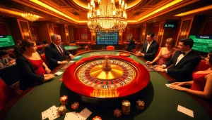 The excitement at https://bl555.direct/ features a luxurious casino setting with a roulette table and stylish gamblers.