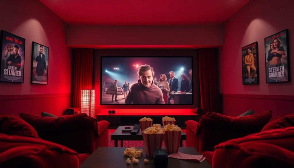 Enjoy a cozy home theater with Filme Online showcased on a grand screen.
