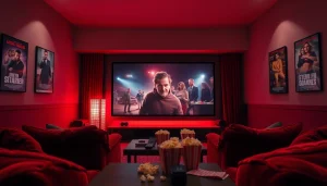 Enjoy a cozy home theater with Filme Online showcased on a grand screen.