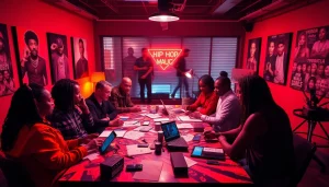 Engaging team of hip hop publicists brainstorming innovative PR strategies at a creative workspace in a vibrant, urban setting.