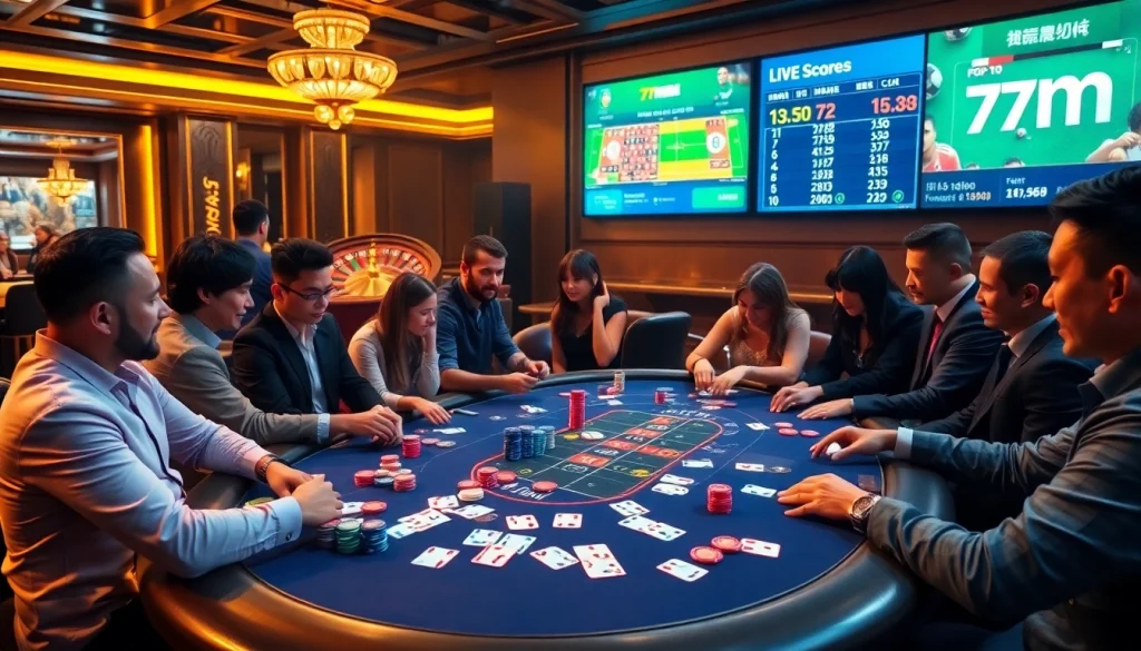 Engaging poker players at a vibrant casino table showcasing 7m.cn live scores.