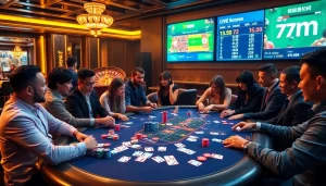 Engaging poker players at a vibrant casino table showcasing 7m.cn live scores.