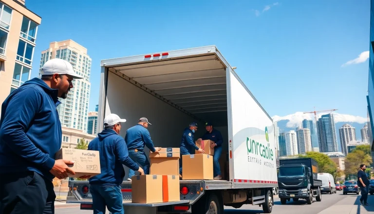 Efficient movers Vancouver team loading a truck in a vibrant city setting, showcasing professionalism.