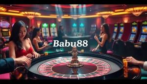 Engaging scene of players enjoying Babu88 casino games at a vibrant roulette table.