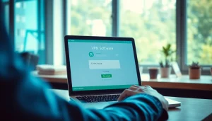 Experience vpn free download by using a laptop in a modern workspace, highlighting the download process.