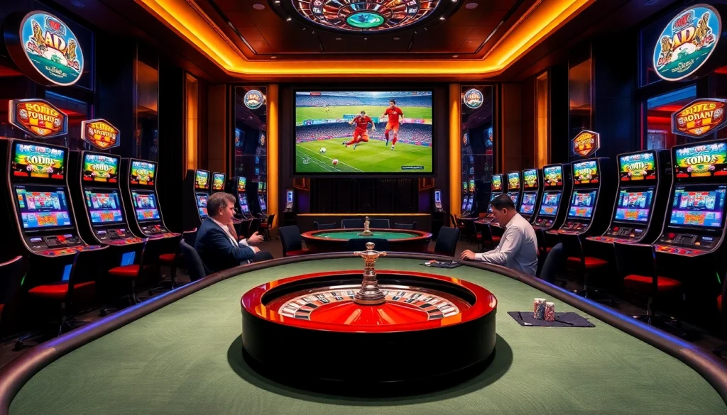 Experience trực tiếp bóng đá excitement in a luxurious casino setting with high-stakes poker and vibrant slot machines.