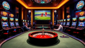 Experience trực tiếp bóng đá excitement in a luxurious casino setting with high-stakes poker and vibrant slot machines.