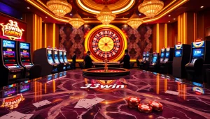 Experience the thrill of 33win with dynamic casino visuals featuring vibrant slot machines and gaming tables.