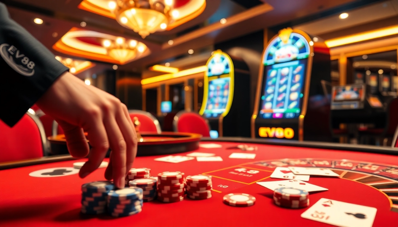 Experience EV88's vibrant casino atmosphere with poker chips and roulette for thrilling gameplay.