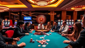 Hi88 players eagerly placing bets at a lively poker table in a luxurious casino.