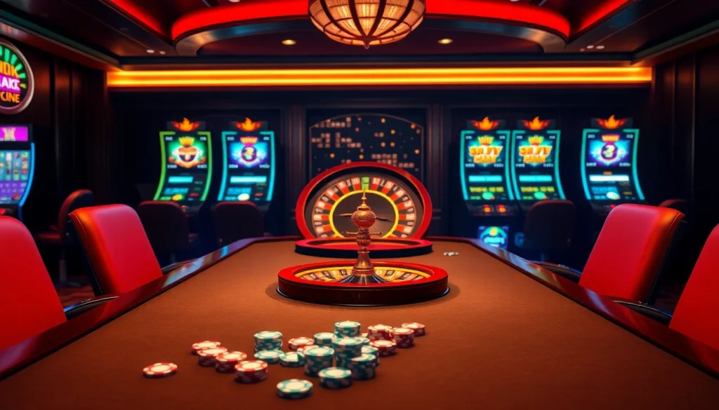 Experience the thrill of gaming on f168info.com with an elegant casino scene featuring poker and roulette.