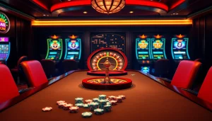 Experience the thrill of gaming on f168info.com with an elegant casino scene featuring poker and roulette.