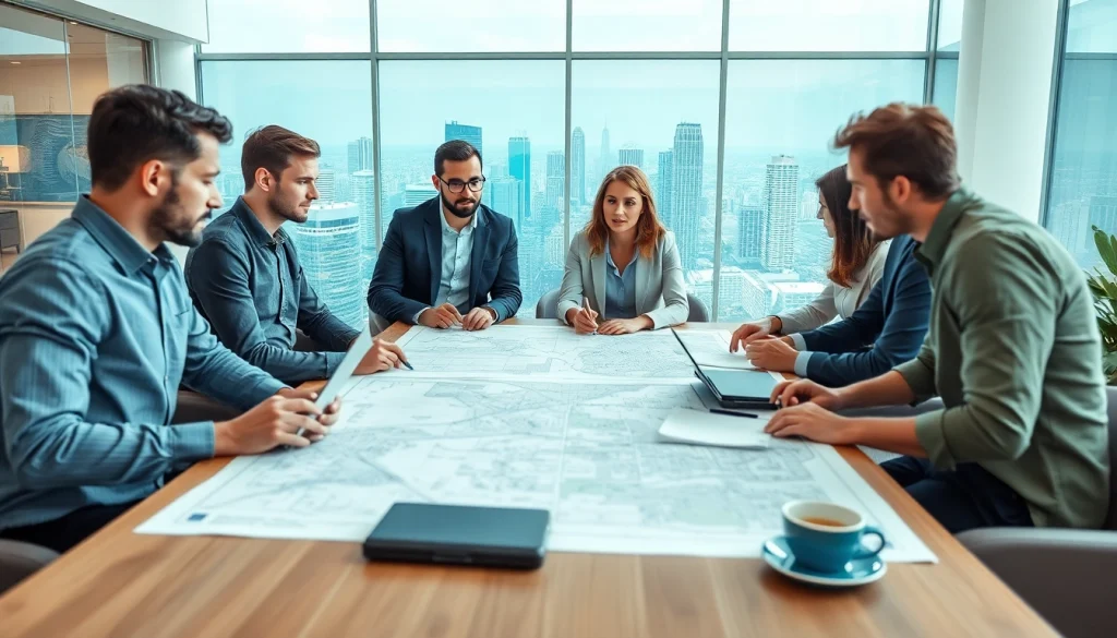 Engaged professionals discussing town planning strategies at https://2020group.co.za with blueprints and maps.