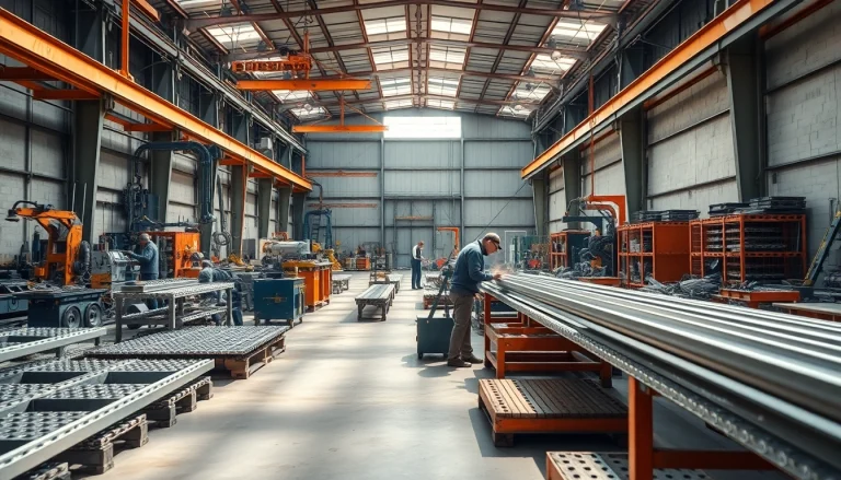 Workers collaborating in a bustling steel fabrication shop, showcasing craftsmanship and precision.