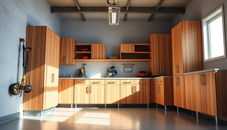 Garage cabinets displaying organized tools and storage solutions in a modern garage setup.