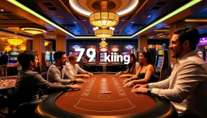 Exciting gambling scene at 79king with poker, roulette, and slot machines.