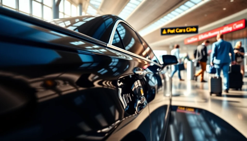 Experience premium airport black car service with a sleek vehicle at a busy terminal.