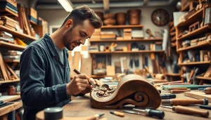 Artisan focused on craft training Colorado creating a detailed wooden piece in a bright workshop.