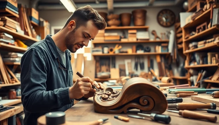 Artisan focused on craft training Colorado creating a detailed wooden piece in a bright workshop.