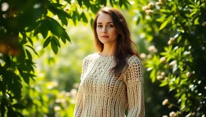 Showcase handcrafted fashion inspired by nature from https://www.ound-ound.com with a serene model in organic attire.