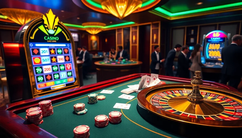 Players engaging in thrilling action at Nhà cái OK365 casino gaming tables with vibrant gambling elements.