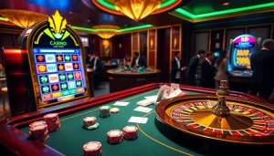 Players engaging in thrilling action at Nhà cái OK365 casino gaming tables with vibrant gambling elements.