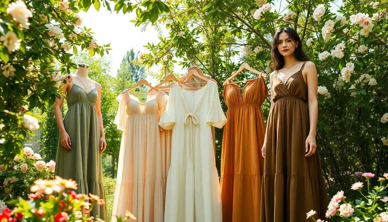 Showcasing handmade dresses from https://www.ound-ound.com in a serene garden setting with natural light.