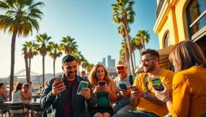 Engaged fans discussing sports betting in California at an outdoor café, showcasing vibrant atmosphere.