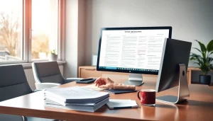 Traducteur assermenté allemand professionnel traduisant des documents dans un bureau moderne.