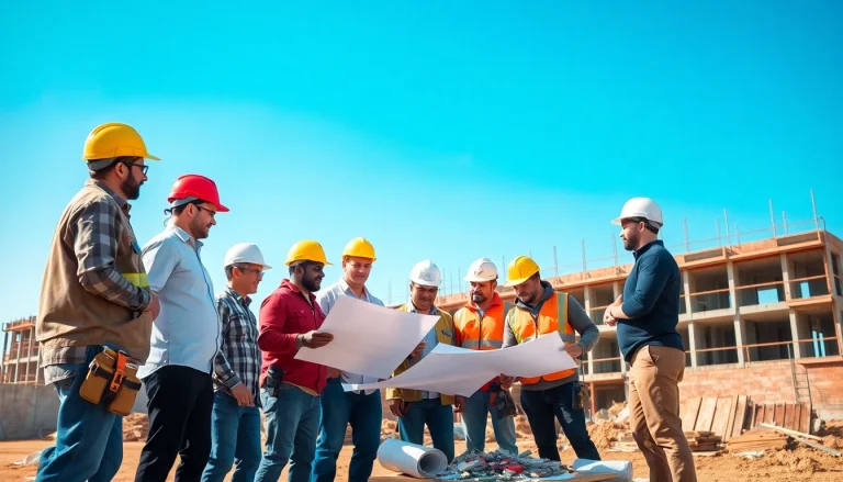 Showcase of diverse Careers in construction with professionals collaborating on building plans at a construction site.