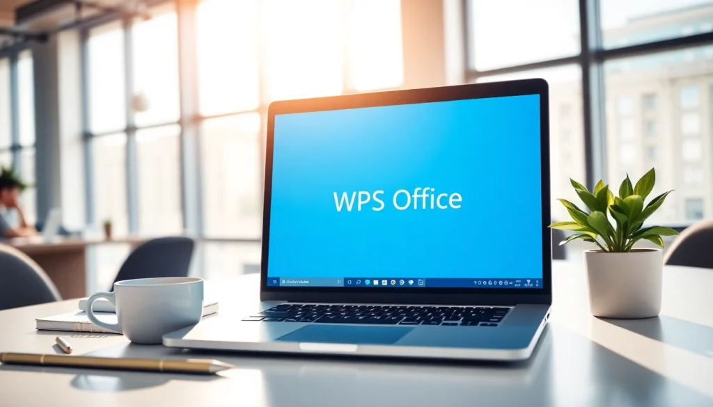 Discover the benefits of wps下载 in a modern office environment with WPS Office software displayed on a laptop.