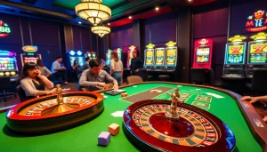 MM88 Tokyo players enjoying an exciting poker game in a luxurious casino setting.