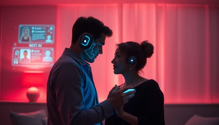 Engaging visual of a couple interacting with sex AI technology in an intimate, warm setting, highlighting innovation and romance.