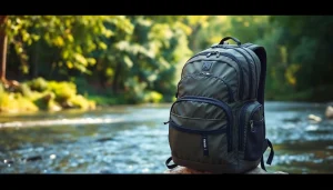 Showcase a Fly fishing backpack against a serene riverside backdrop, highlighting its features and design.