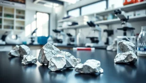Analyze minerals rhodium samples in a modern laboratory setting with polished ores and metals.