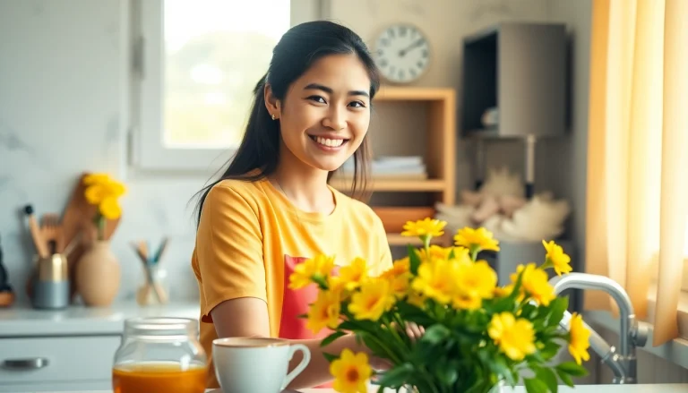 Engaging Myanmar maid beautifying a kitchen space with flowers.