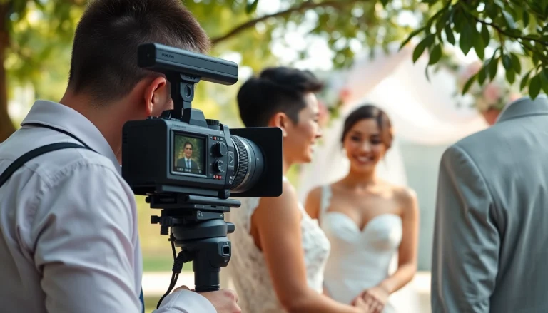 Videographer capturing the romantic moments of a wedding with elegant floral backdrop.