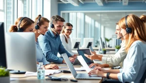Engaging helpdesk support team collaborating in a bright office space.