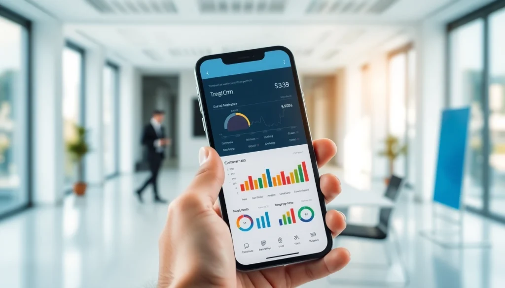 Showcase mobile crm features on a smartphone set against a modern office backdrop for business professionals.
