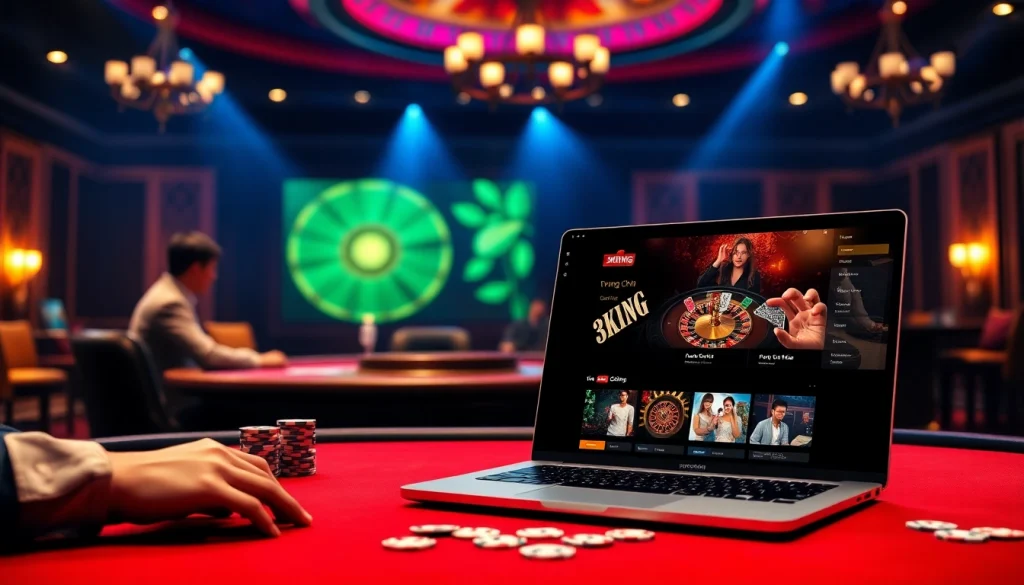 Engage in the excitement of trang chủ 3king with a vibrant casino scene showcasing poker and roulette games.