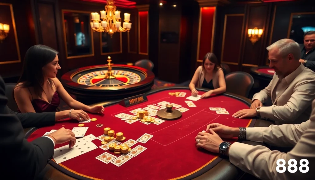 Players enjoy a thrilling poker game at Hay888 casino, with luxurious chips and cards.