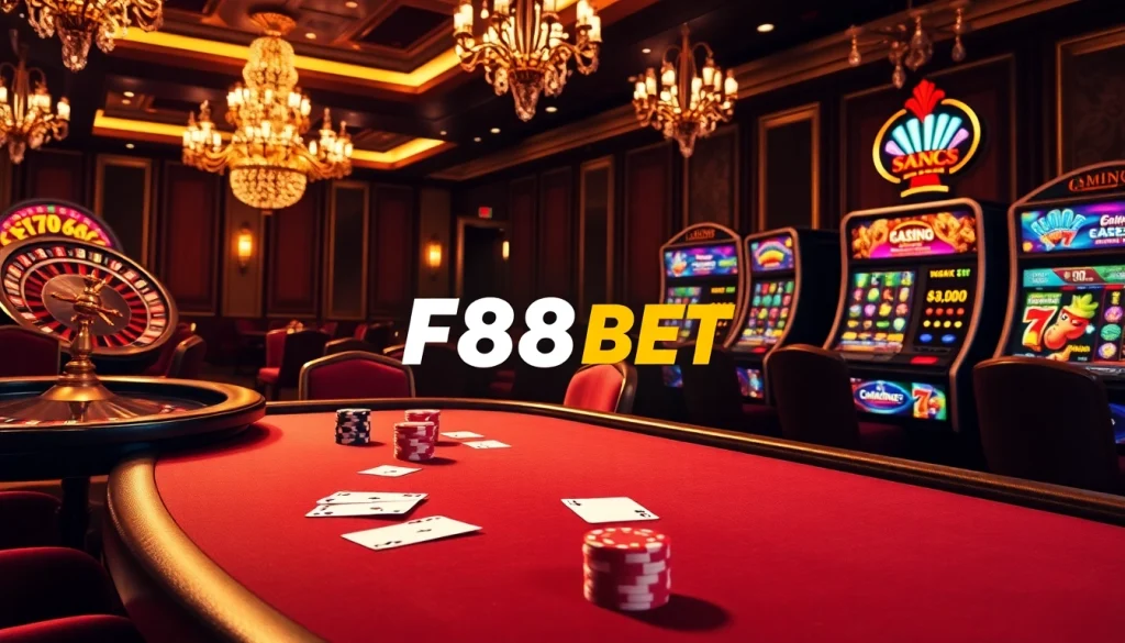 Engage in thrilling gameplay at F88BET with vibrant casino visuals featuring poker, roulette, and slot machines.