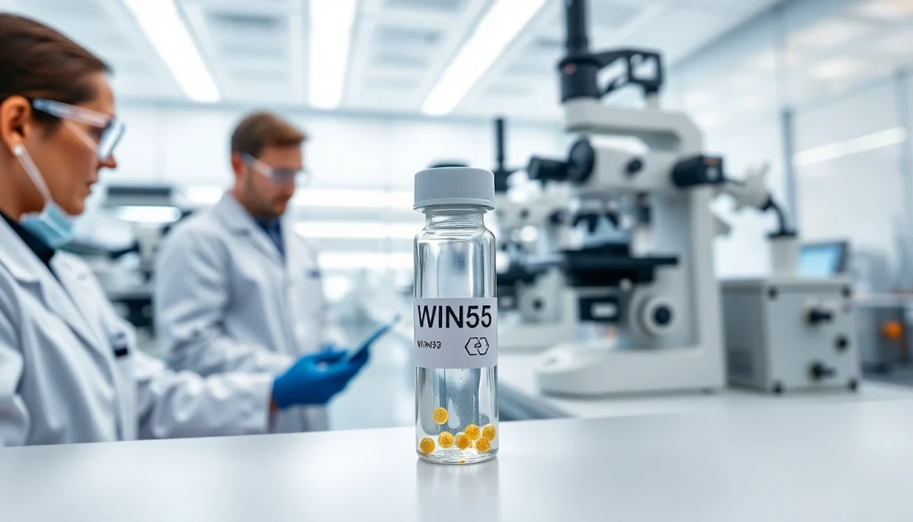 A modern lab showcasing WIN55 cannabinoid research with scientists in white coats.