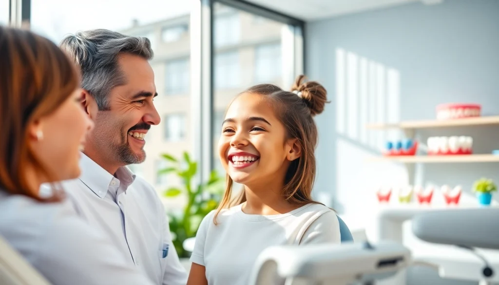 Orthodontic near me: Friendly consultation between orthodontist and child patient in a modern clinic.