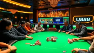 Players strategizing in a high-stakes U888 poker game at a luxurious casino.