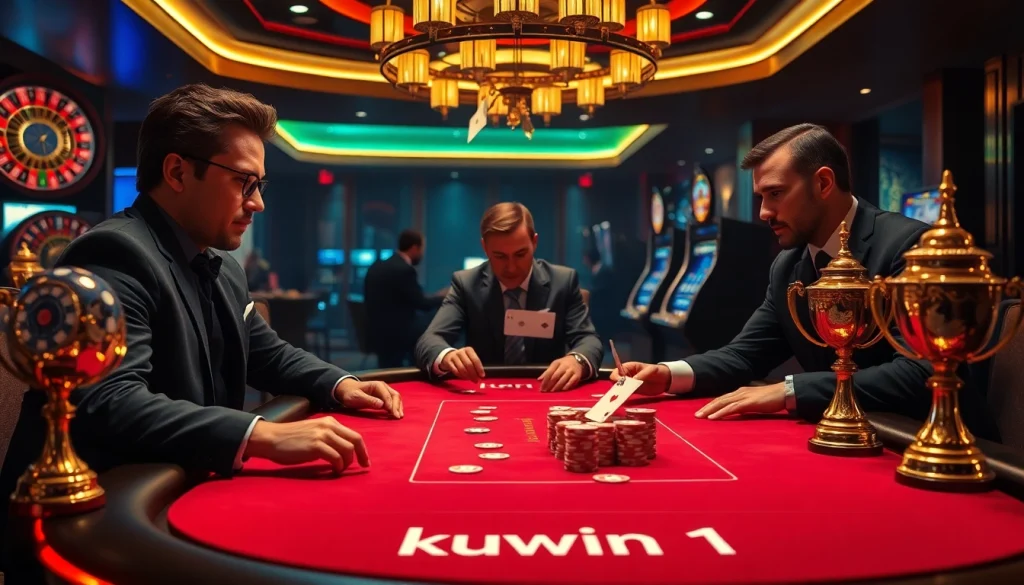 Kuwin 1 poker table scene with intense players and vibrant casino atmosphere.